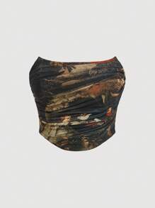 SHEIN MOD Parte superior tipo tubo acortada con orilla de pañuelo con fruncido, gráfico de figura plus - Marrón - Ver 1