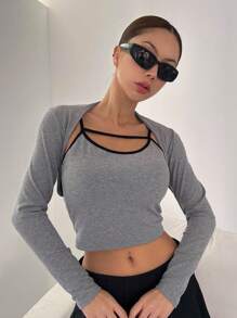 DAZY 撞色绑带短款吊带上衣和短上衣，女士两件套 - 灰色 - 查看 3