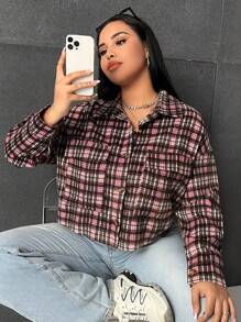 SHEIN EZwear Plus Flap Pocket Plaid Print Drop Shoulder Overcoat - Multicolor - View 7