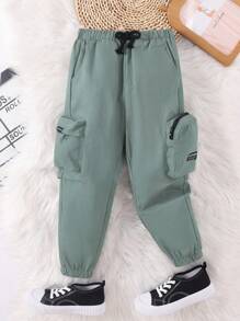 SHEIN Young Boy Letter Graphic Pocket Side Cargo Pants - Blue - View 7