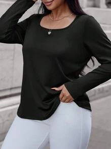 RueChic Plus Solid Scoop Neck Tee - Black - View 4