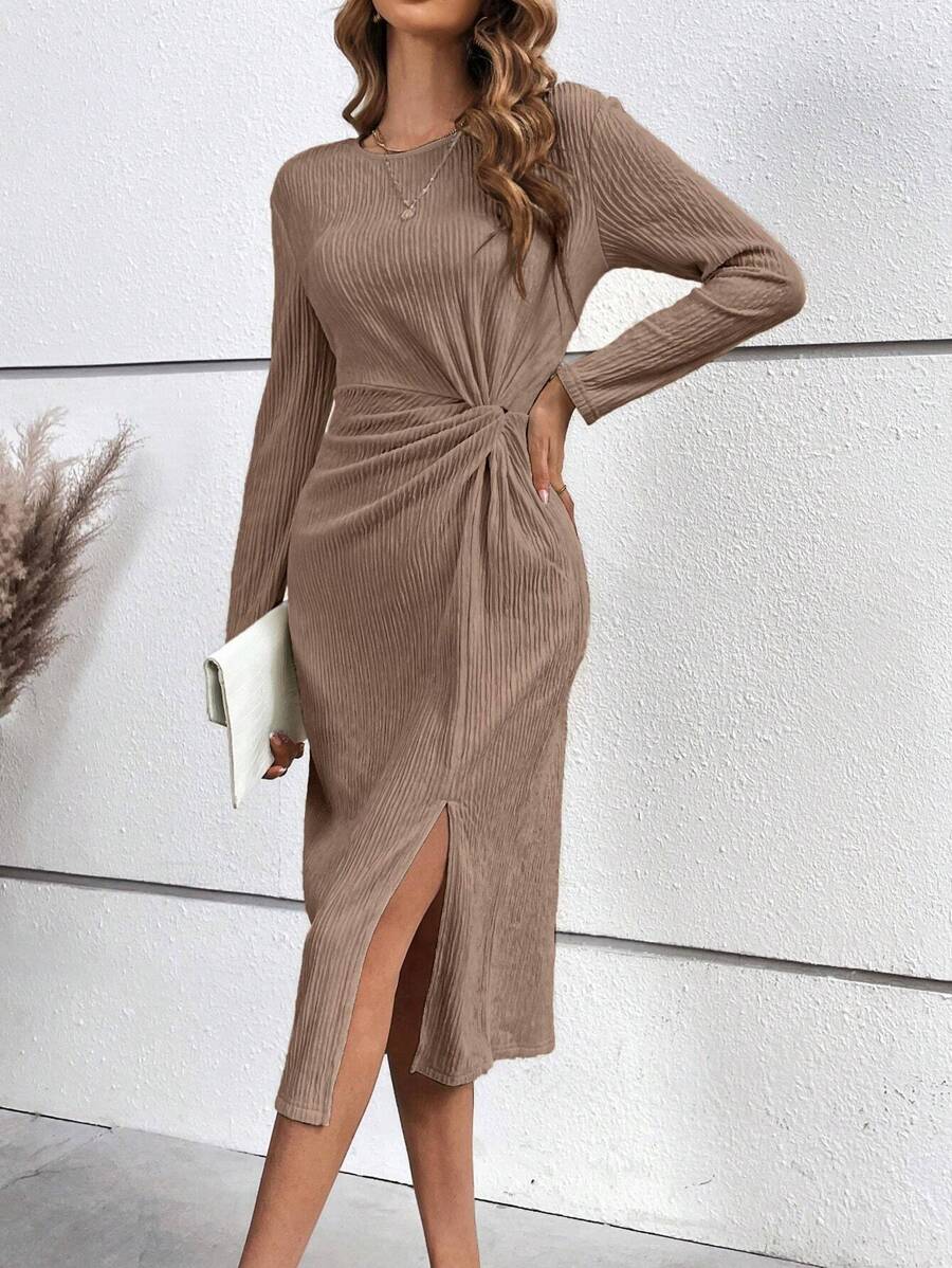 SHEIN Frenchy 前扭結高衩前扭結洋裝 - 咖啡棕 - 查看 1