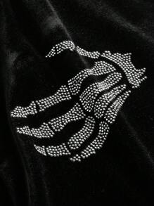 ROMWE Grunge Punk Y2k Sexy Goth Style Rhinestone Skull Hand Printed Velvet Bell-Bottoms With Drawstring Waist - Black - View 4