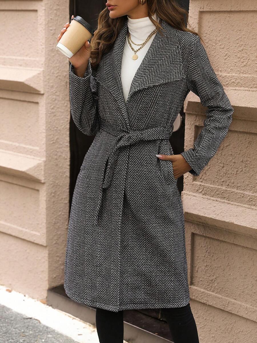 SHEIN Clasi Herringbone Print Slant Pocket Belted Overcoat Fall Cloth For Women - Black - View 1
