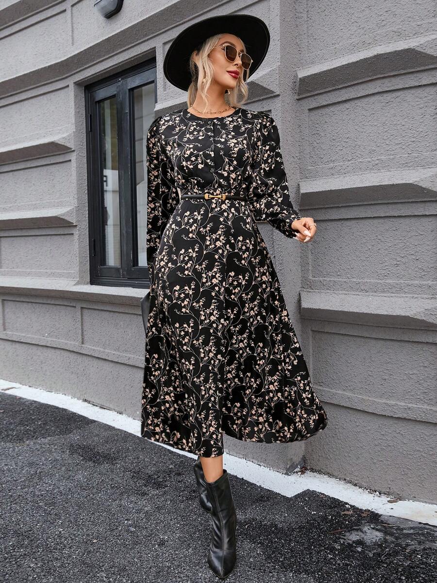 SHEIN Clasi In hoa Ditsy Tay áo lồng đèn Đầm Không có thắt lưng - màu đen - Xem 1