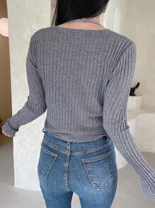 DAZY Ribbed Knit Halter Knit Top & Cardigan Fall - Grey - View 2