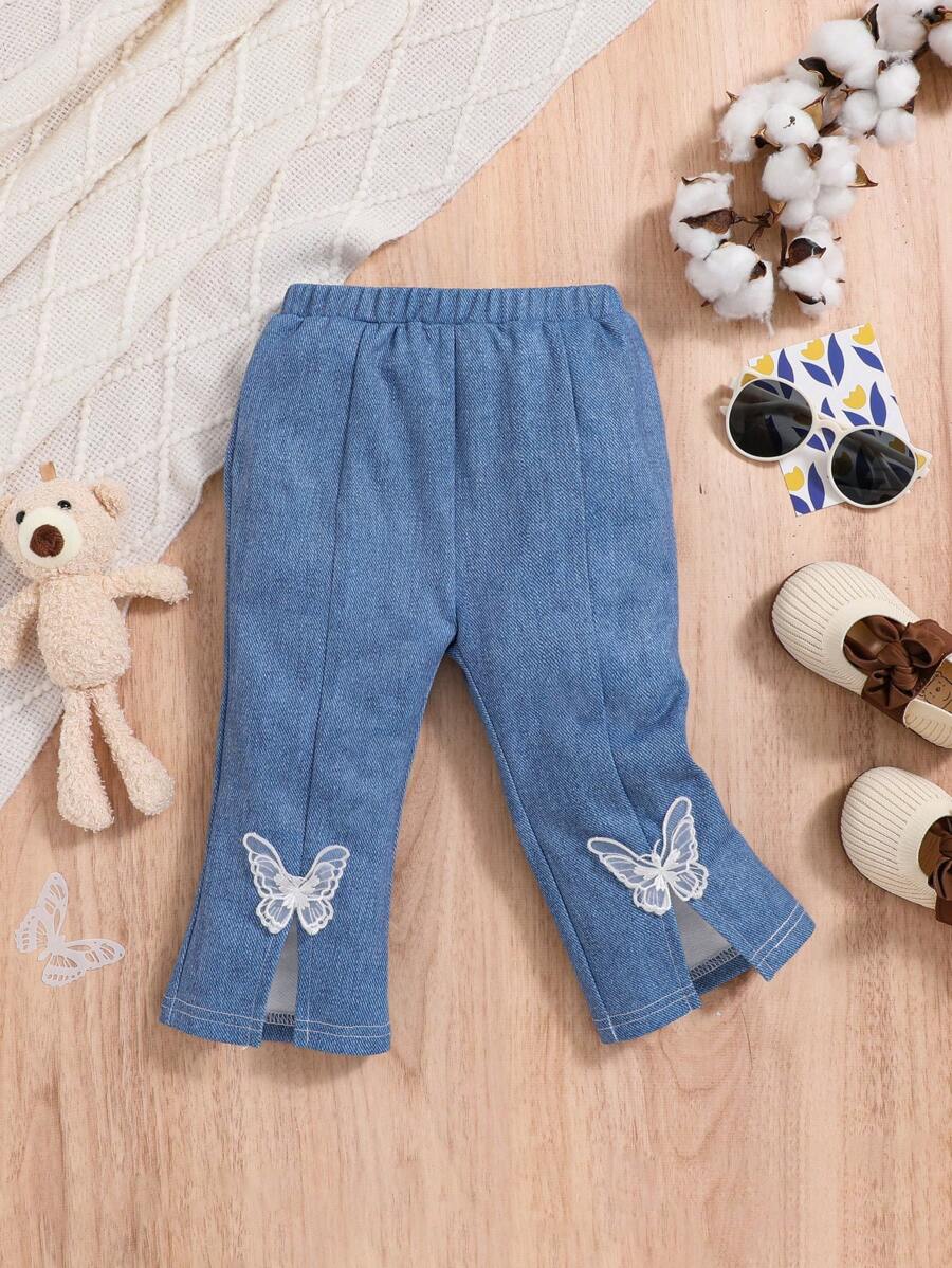 SHEIN 寶貝女童休閒可愛3D蝴蝶裝飾分叉褲 - 藍色 - 查看 1