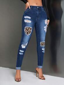 SHEIN In hoa Báo Quần jean rách - Rửa tối - Xem 4