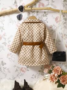 Baby Girl Allover Print Contrast Binding Flap Detail Belted Trench Coat