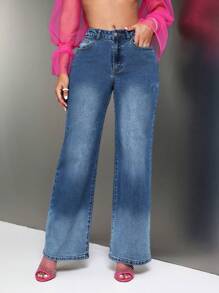 SHEIN SXY 斜口袋腿牛仔褲 - 中等水洗藍 - 查看 3