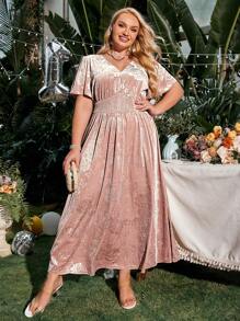 Simplee Hơn Hoa Dệt hoa Cổ v Nhung Đầm tiệc rượu - Hồng - Xem 1