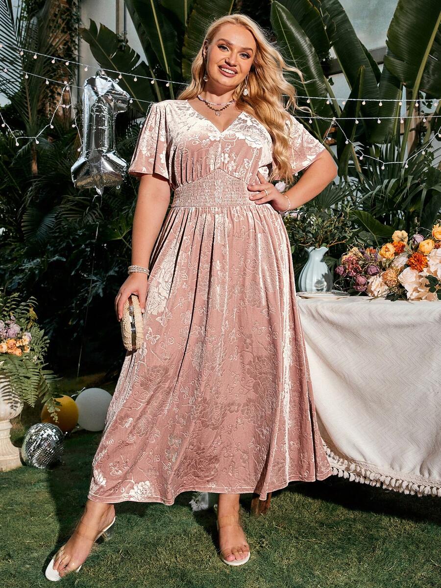 Simplee Hơn Hoa Dệt hoa Cổ v Nhung Đầm tiệc rượu - Hồng - Xem 1