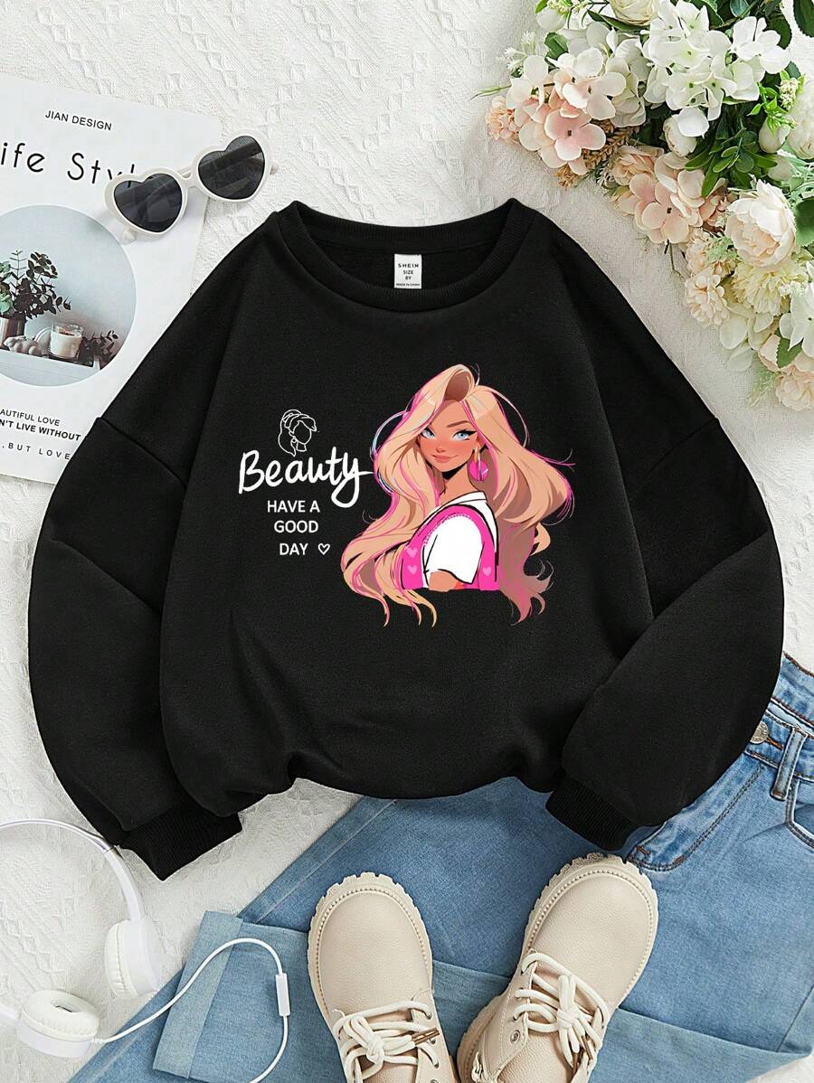 SHEIN Tween Girl Figure & Slogan Graphic Drop Shoulder Thermal Lined Sweatshirt - Black - View 1
