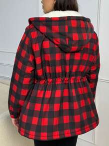 SHEIN LUNE Plus Size Buffalo Plaid Print Drawstring Waist Hooded Padded Coat - Multicolor - View 2