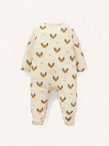 Cozy Pixies Baby Boy Cartoon Graphic Button Front Jumpsuit & Hat - Apricot - View 2