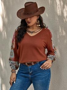 SHEIN VCAY 大碼曼陀羅印花短袖球衣 - 棕色 - 查看 1