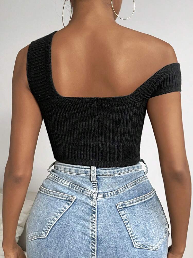 Solid Asymmetrical Neck Crop Knit Top
