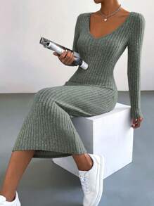 SHEIN Essnce V領條紋針織緊身洋裝 - 軍綠色 - 查看 6