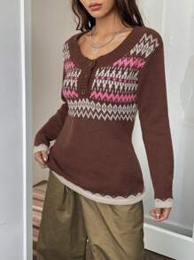 Muchica Mẫu Geo Nút phía trước Áo len - Nhiều màu - Xem 6