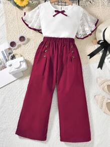 SHEIN Tween Girl Contrast Lace Bow Front Butterfly Sleeve Tee & Wide Leg Pants - Burgundy - View 1