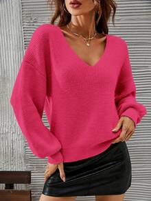 SHEIN LUNE Jersey escote V de hombros caídos - Rosa Fucsia - Ver 5