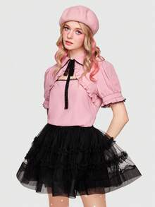 ROMWE Kawaii Tie Neck Ruffle Trim Blouse - Dusty Pink - View 4