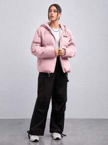 Manfinity VCAY 1pc Loose Fit Hooded Padded Coat With Letter Patchwork Detail And Drawstring Hem, For Fall Winter - Pink - View 6