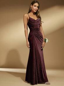 SHEIN Belle Váy dạ hội trang trọng màu đỏ tía xếp nếp phía trước lấp lánh, váy dự tiệc cưới, váy dạ hội - Màu Đỏ Sâu - Xem 4