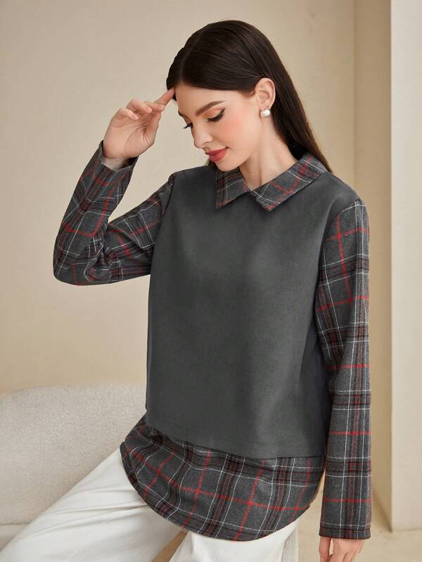 Mulvari Plaid Print 2 In 1 Blouse,Long Sleeve Tops