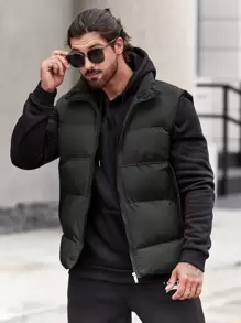 Manfinity 1pc Loose Fit Men's Zip Up Puffer Vest Coat - Black - View 4