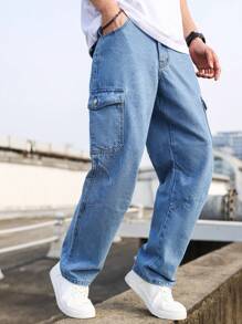 Manfinity Hypemode 男士翻蓋口直腳貨物牛仔褲 - 中等水洗藍 - 查看 1