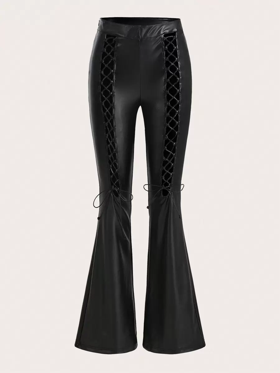 SHEIN ICON Lace Up Front PU Leather Flare Leg Pants - Black - View 1