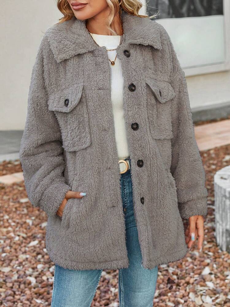 Flap Pocket Drop Shoulder Teddy Coat