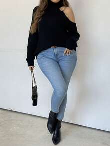 SHEIN Unity Hơn Áo cao cổ Chi tiết chuỗi Cắt ra Áo len - màu đen - Xem 3