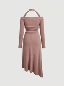 SHEIN MOD 素色不對稱下擺繞頸洋裝 - 粉色 - 查看 2
