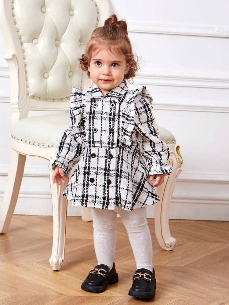 Baby Girl Plaid Pattern Ruffle Trim Flounce Sleeve Peplum Overcoat