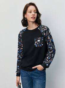 SHEIN Frenchy Graphic Print Raglan Sleeve Pocket Patched Sweatshirt - Black - View 5