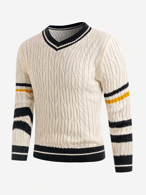 Homme Pull À Ourlet À Rayures En Tricot Torsadé