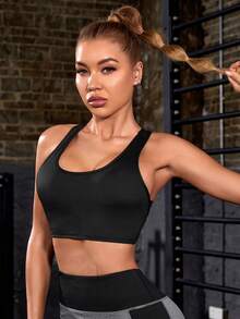 Easithlete Cut Out Back Mesh Insert Sports Bra - Black - View 5