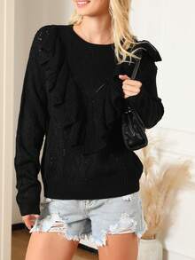 Solid Ruffle Trim Drop Shoulder Pointelle Knit Sweater - Black - View 4