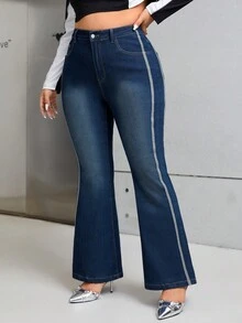 SHEIN ICON 大碼拼接側邊接縫牛仔喇叭褲 - 深色水洗藍 - 查看 5