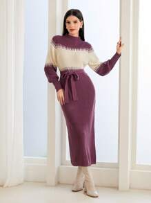 Mulvari Vestido de punto de color combinado de cuello alto con cinturón