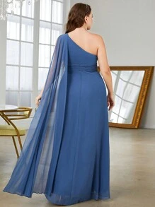 Plus One Shoulder Extra-Long Sleeve Chiffon Bridesmaid Dress - Dusty Blue - View 2