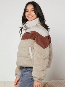 Teen Girl Color Block Letter Patched Detail Snap Button Padded Coat - Multicolor - View 4