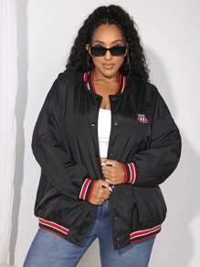 SHEIN CURVE+ Plus Letter Patched Striped Trim Drop Shoulder Bomber Jacket - Multicolor - View 6