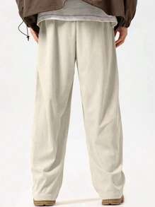 Men Letter Patched Detail Drawstring Waist Pants - Apricot - View 2