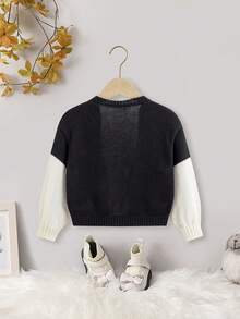 年轻女孩花朵贴花落肩开衫 - 黑色 - 查看 2