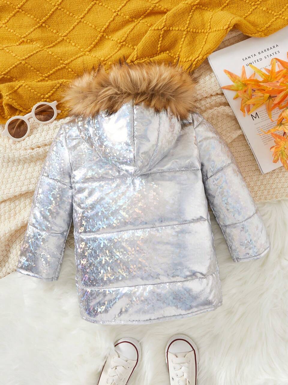 Baby Boy Fuzzy Trim Hooded Padded Coat Without Sweater