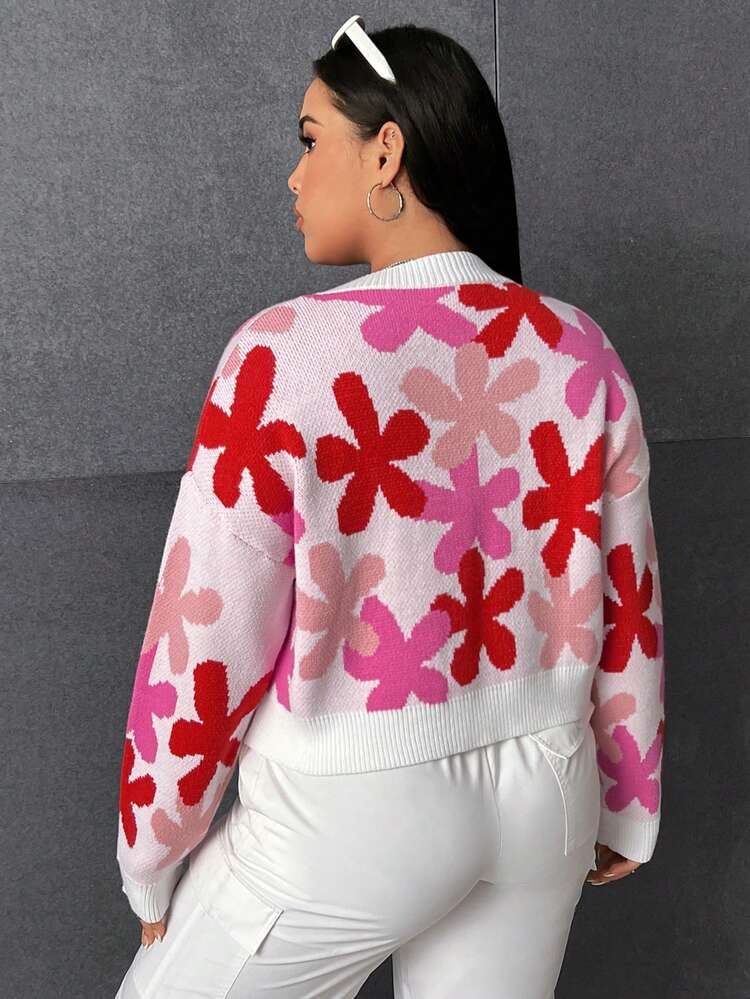 Plus Floral Pattern Drop Shoulder Sweater