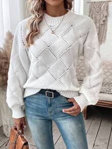 SHEIN Essnce Chất rắn Thả vai Dệt kim chấm bi Áo len - trắng - Xem 4